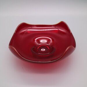 Vintage Viking Art Glass Ruby Red Round Bon Bon Dish #6602 Cupped Edge
